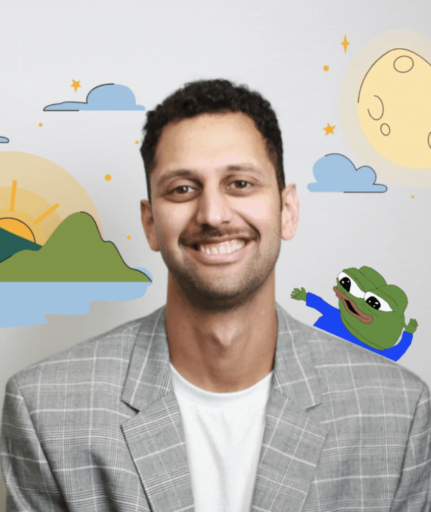 João smiling, surrounded by colorful playful illustrations